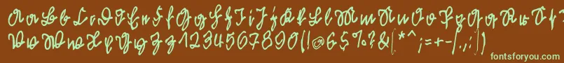 フォントKleinsfirstscriptpark – 緑色の文字が茶色の背景にあります。