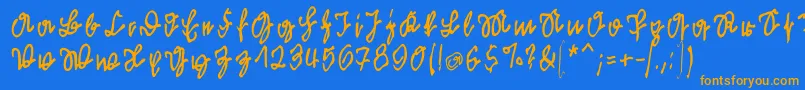 フォントKleinsfirstscriptpark – オレンジ色の文字が青い背景にあります。