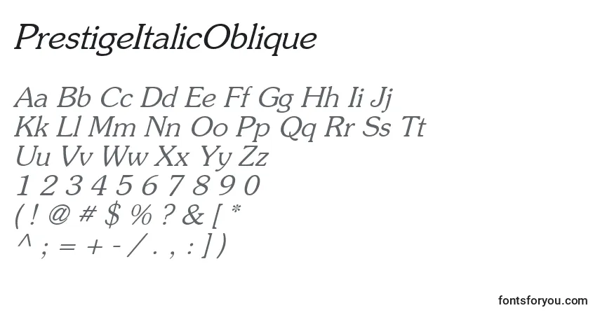 Czcionka PrestigeItalicOblique – alfabet, cyfry, specjalne znaki