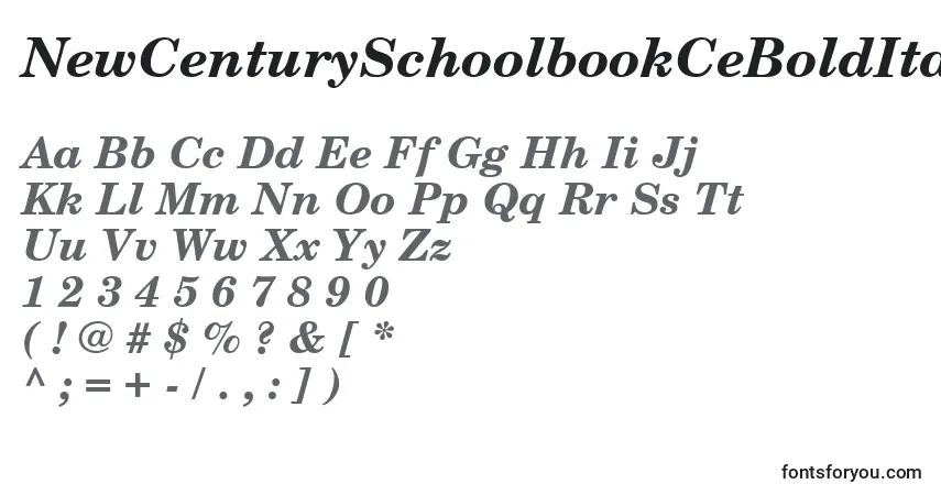 Czcionka NewCenturySchoolbookCeBoldItalic – alfabet, cyfry, specjalne znaki