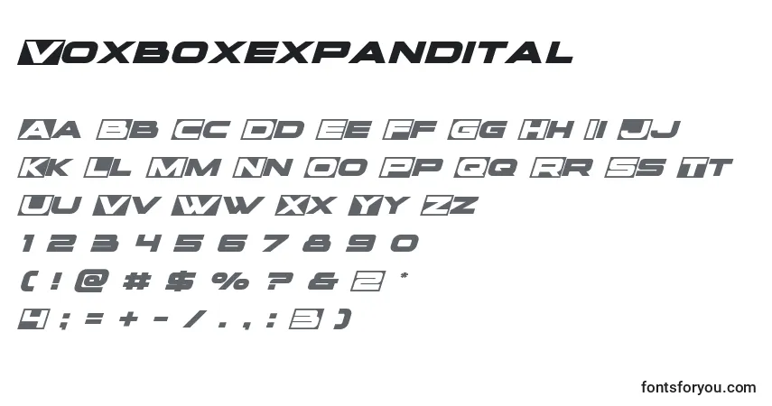 Schriftart Voxboxexpandital – Alphabet, Zahlen, spezielle Symbole