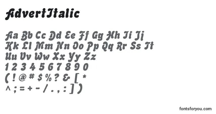 Czcionka AdvertItalic – alfabet, cyfry, specjalne znaki