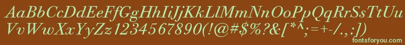 BodoniTwelveItcBookItalic-Schriftart – Grüne Schriften auf braunem Hintergrund