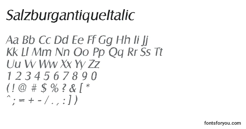 Czcionka SalzburgantiqueItalic – alfabet, cyfry, specjalne znaki