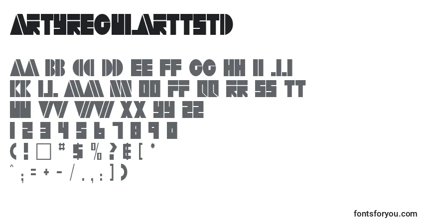 Czcionka ArtyRegularTtstd – alfabet, cyfry, specjalne znaki