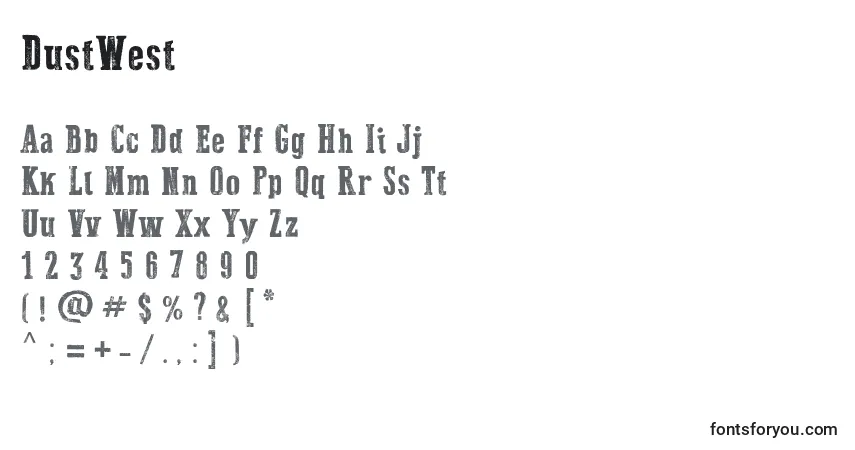 Czcionka DustWest – alfabet, cyfry, specjalne znaki