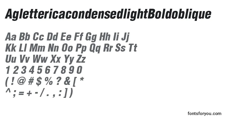 Czcionka AglettericacondensedlightBoldoblique – alfabet, cyfry, specjalne znaki