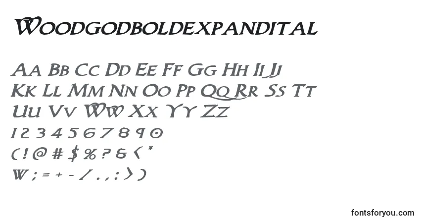 Schriftart Woodgodboldexpandital – Alphabet, Zahlen, spezielle Symbole