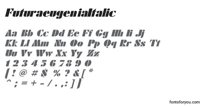 Schriftart FuturaeugeniaItalic – Alphabet, Zahlen, spezielle Symbole