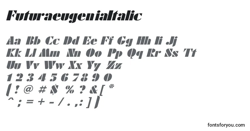 A fonte FuturaeugeniaItalic – alfabeto, números, caracteres especiais