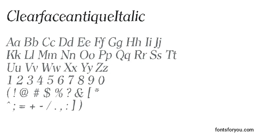 Шрифт ClearfaceantiqueItalic – алфавит, цифры, специальные символы