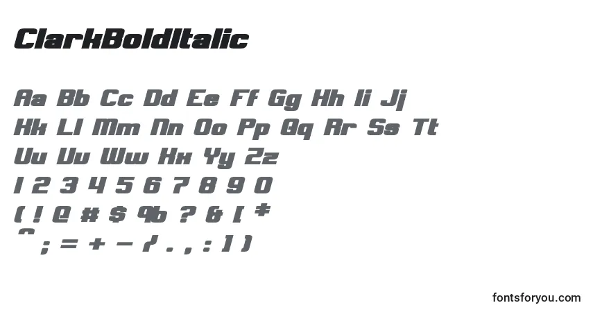 Czcionka ClarkBoldItalic – alfabet, cyfry, specjalne znaki