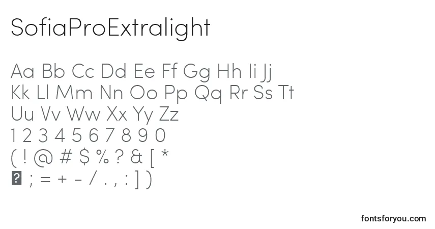 SofiaProExtralight Font – alphabet, numbers, special characters