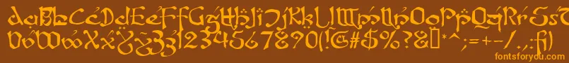 フォントFanjofeyLeodaAhRegular – オレンジ色の文字が茶色の背景にあります。