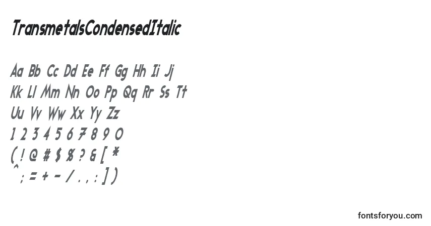 TransmetalsCondensedItalic-fontti – aakkoset, numerot, erikoismerkit
