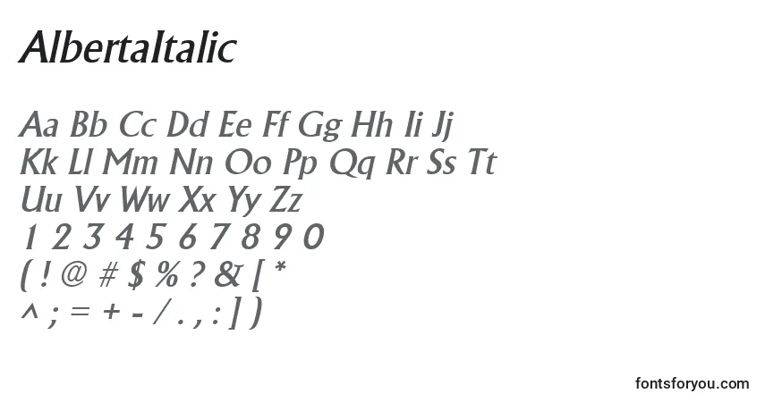 AlbertaItalicフォント–アルファベット、数字、特殊文字
