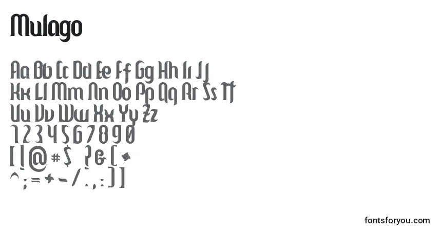 A fonte Mulago (75493) – alfabeto, números, caracteres especiais