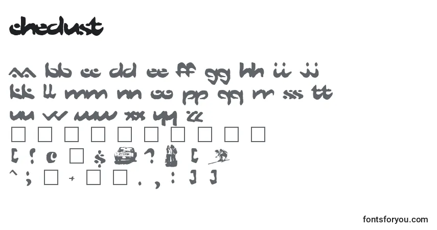 Czcionka CheDust – alfabet, cyfry, specjalne znaki