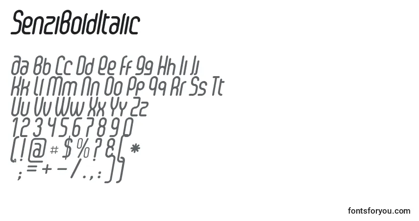 A fonte SenziBoldItalic – alfabeto, números, caracteres especiais