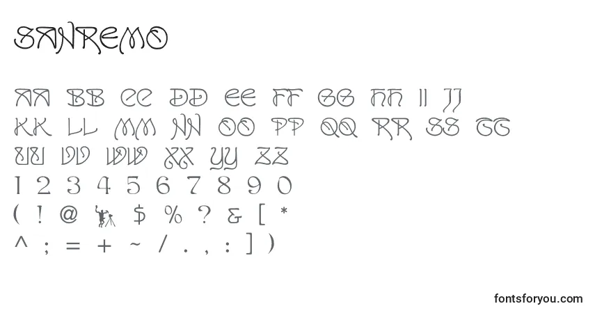 Czcionka Sanremo – alfabet, cyfry, specjalne znaki
