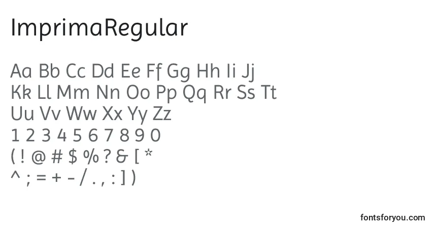 Czcionka ImprimaRegular – alfabet, cyfry, specjalne znaki