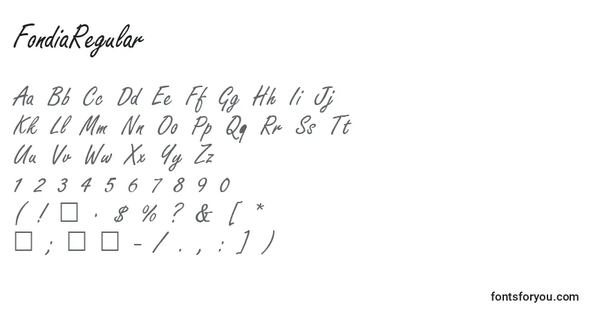 Schriftart FondiaRegular – Alphabet, Zahlen, spezielle Symbole
