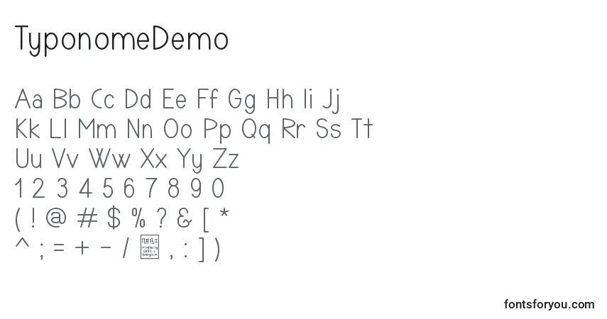 TyponomeDemo-fontti – aakkoset, numerot, erikoismerkit