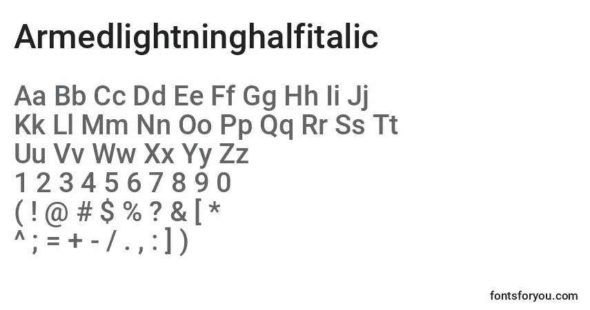 Шрифт Armedlightninghalfitalic – алфавит, цифры, специальные символы