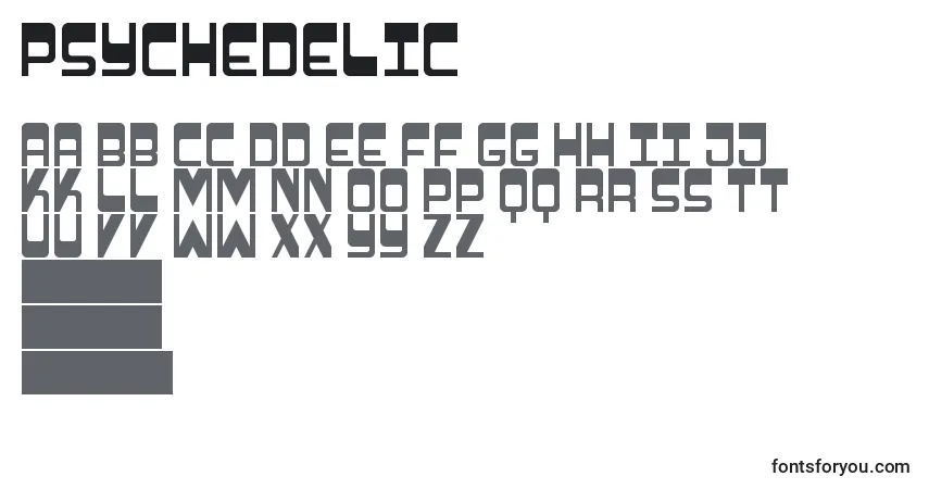 Czcionka Psychedelic – alfabet, cyfry, specjalne znaki