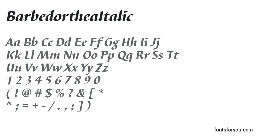 Czcionka BarbedortheaItalic – alfabet, cyfry, specjalne znaki