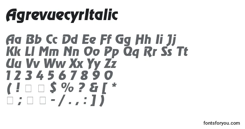 A fonte AgrevuecyrItalic – alfabeto, números, caracteres especiais