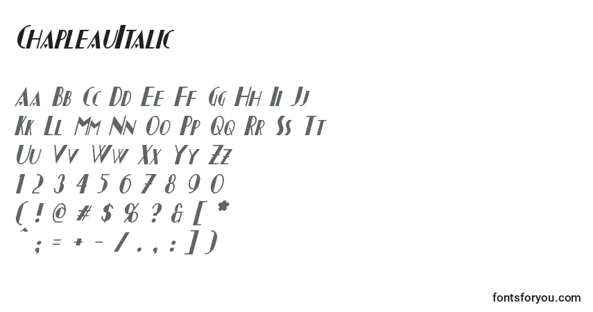 Шрифт ChapleauItalic – алфавит, цифры, специальные символы