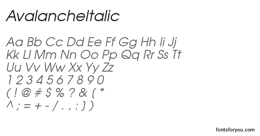 Czcionka AvalancheItalic – alfabet, cyfry, specjalne znaki