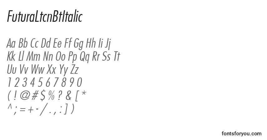 Schriftart FuturaLtcnBtItalic – Alphabet, Zahlen, spezielle Symbole