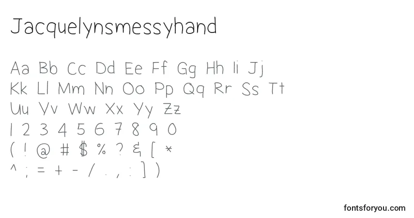 Czcionka Jacquelynsmessyhand – alfabet, cyfry, specjalne znaki