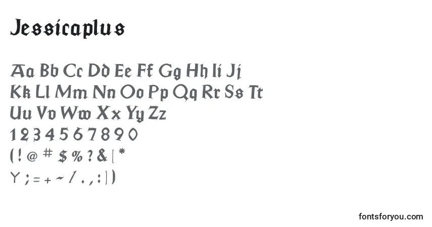 Czcionka Jessicaplus – alfabet, cyfry, specjalne znaki