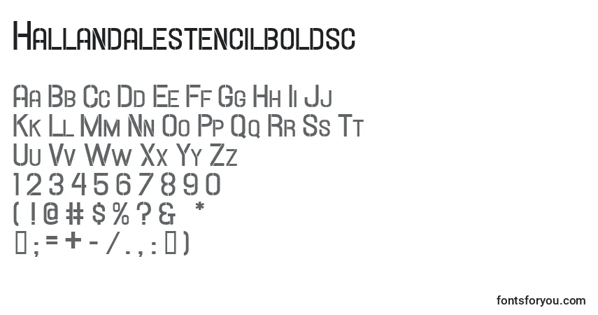 Czcionka Hallandalestencilboldsc – alfabet, cyfry, specjalne znaki