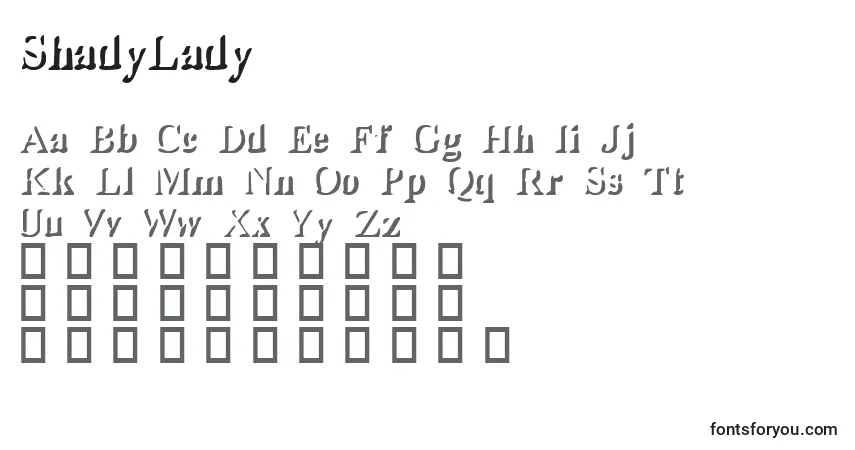 Czcionka ShadyLady – alfabet, cyfry, specjalne znaki