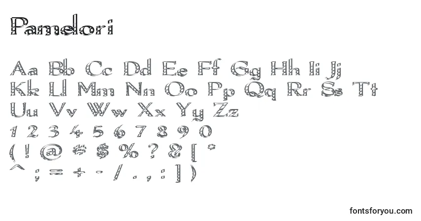 Schriftart Pamelori – Alphabet, Zahlen, spezielle Symbole