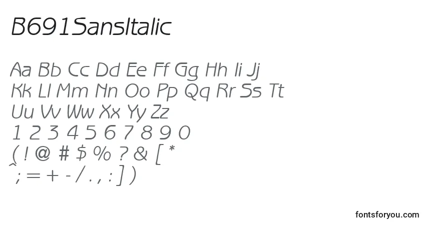 Schriftart B691SansItalic – Alphabet, Zahlen, spezielle Symbole