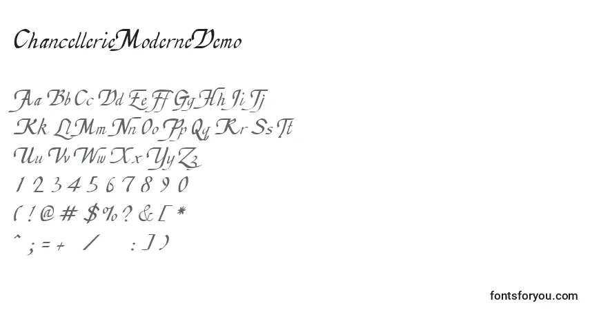 Czcionka ChancellerieModerneDemo – alfabet, cyfry, specjalne znaki