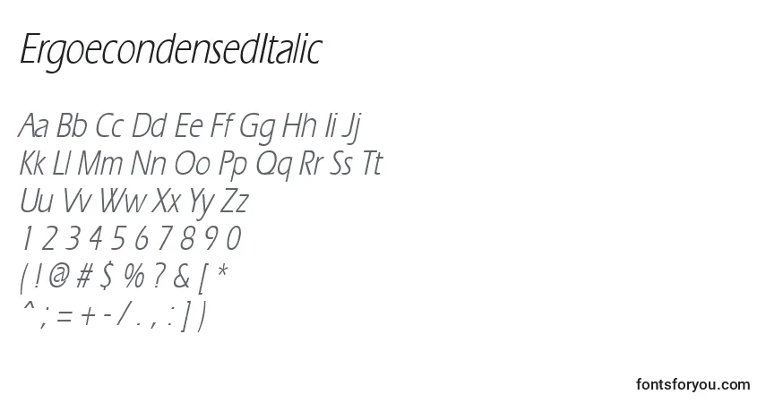 A fonte ErgoecondensedItalic – alfabeto, números, caracteres especiais
