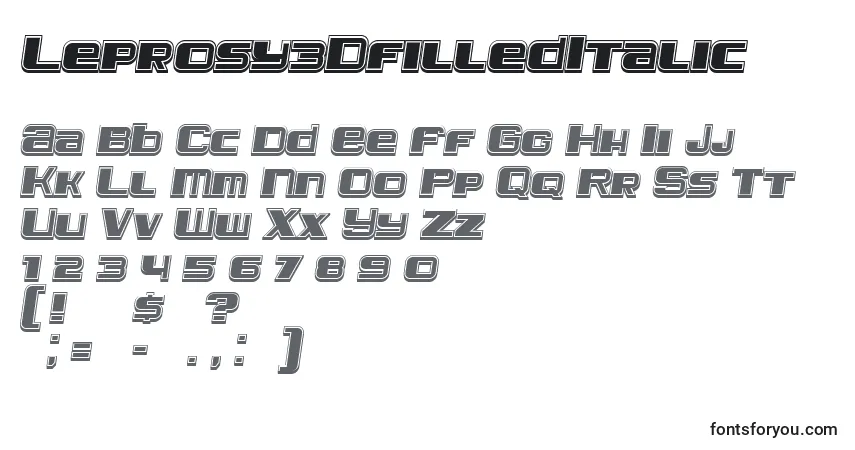 Шрифт Leprosy3DfilledItalic – алфавит, цифры, специальные символы