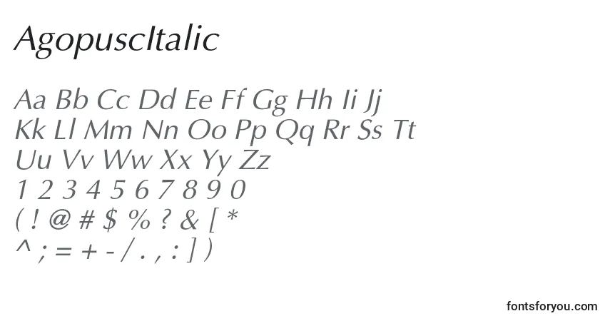 Schriftart AgopuscItalic – Alphabet, Zahlen, spezielle Symbole
