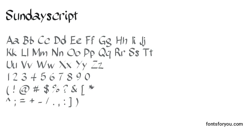 Czcionka Sundayscript – alfabet, cyfry, specjalne znaki