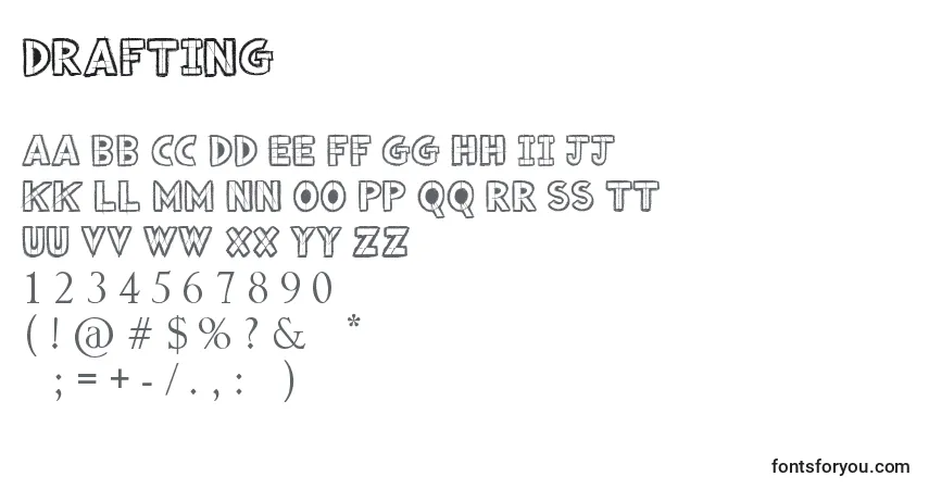 Czcionka Drafting – alfabet, cyfry, specjalne znaki