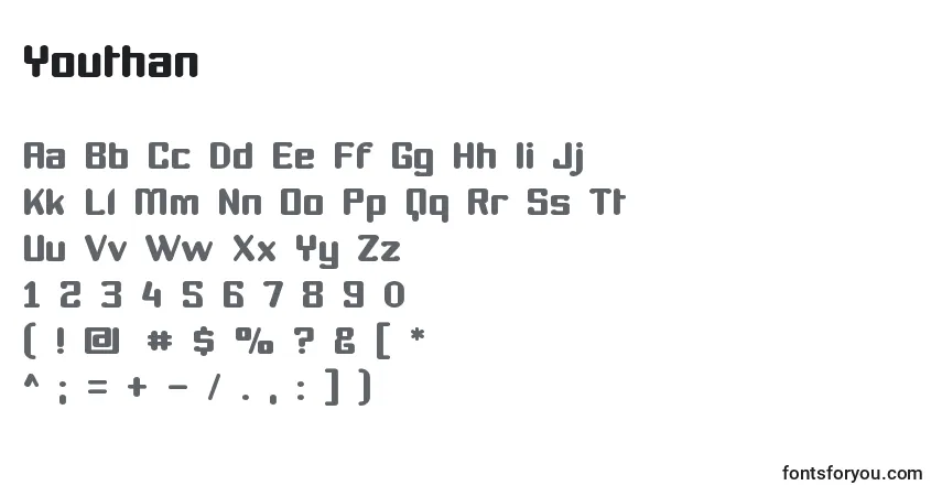 Czcionka Youthan – alfabet, cyfry, specjalne znaki