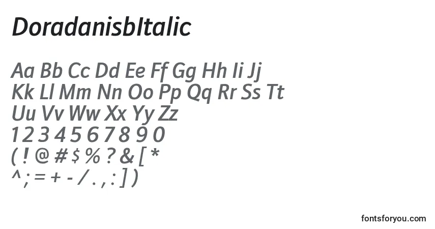 Czcionka DoradanisbItalic – alfabet, cyfry, specjalne znaki