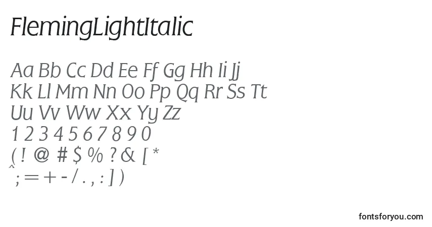 A fonte FlemingLightItalic – alfabeto, números, caracteres especiais