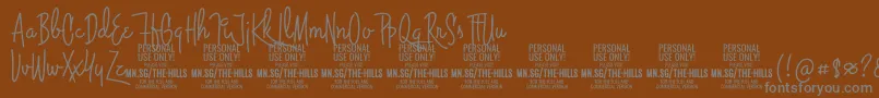 ThehillsPersonalUseOnly-fontti – harmaat kirjasimet ruskealla taustalla